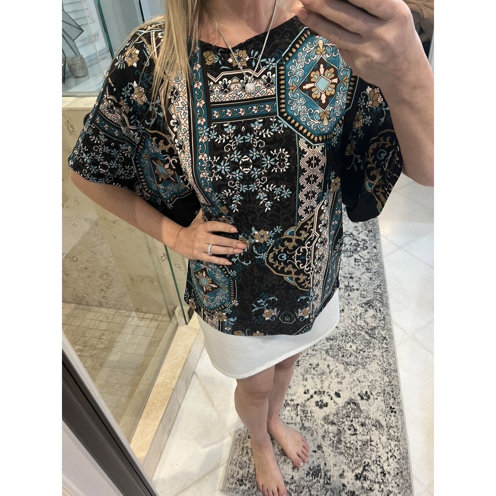 Chico's Blouse Womens 2, Large Black Green Tan Floral Kimono Short Sleeve